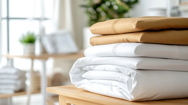 A serene and neatly organized stack of white and beige linens on a wooden table, exuding a sense of cleanliness and comfortable modern living.