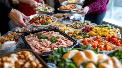 A vibrant and colorful buffet spread featuring an array of meats, fresh vegetables, and diverse dishes, offering a joyful dining experience for gatherings and celebrations.
