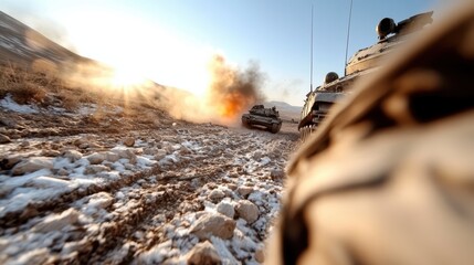 Fototapeta premium A convoy of tanks maneuvers along a dusty, rocky path in a sunlit desert setting, revealing a strategic military operation amidst a barren and challenging environment.