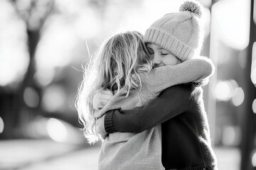 Two children embracing warmly in a black and white outdoor setting.