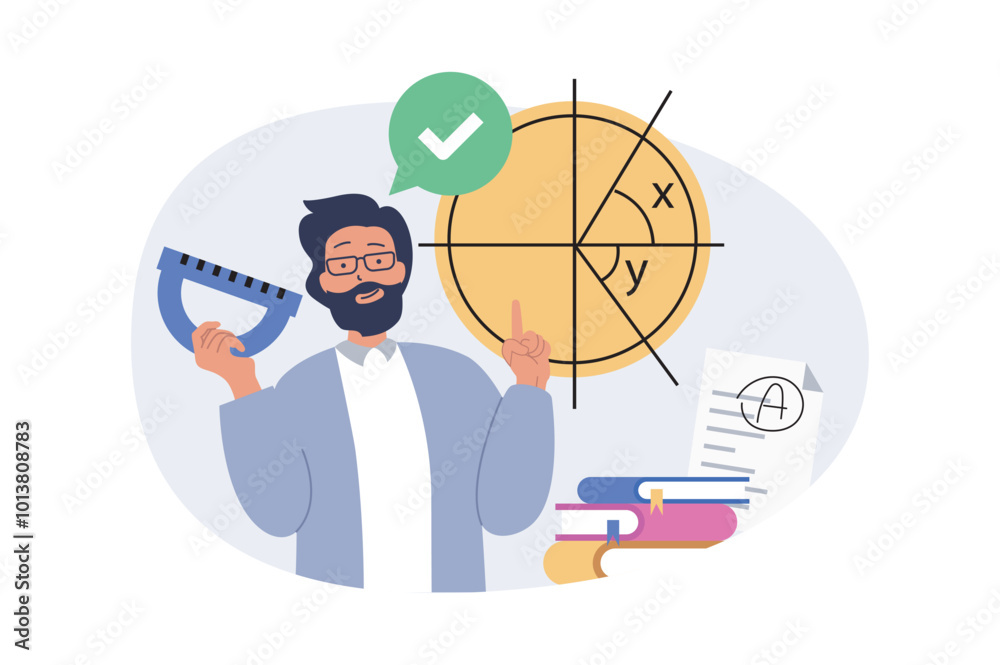Aufkleber Education concept in modern flat design for web. Man with ruler working as teacher and explaining geometry lesson in class, solving math problems with students at training. Vector illustration.