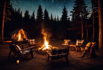 inviting cozy campfire setup featuring glowing rustic warm flickering lights under starry sky, bonfire, firepit, flames, embers, warmth, relaxation