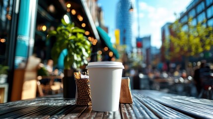 A takeaway coffee cup sits centered on a table amid a busy urban environment, capturing the essence of city life with its fast-paced, vibrant atmosphere.