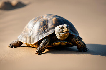 Close-up of a tortoise slowly walking on a sandy beach
