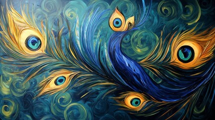A vibrant abstract painting of a peacock with swirling blue and gold feathers on a blue background.