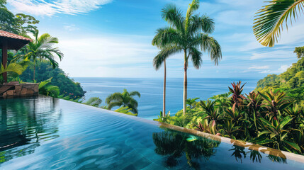 Fototapeta premium A luxury hotel landscape with infinity pools, palm trees, and lush tropical plants overlooking the ocean