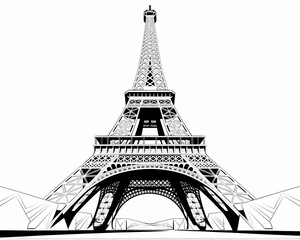 Obraz premium A black-and-white illustration of the Eiffel Tower, with its distinct architectural features highlighted.