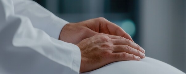 Gentle hands resting on a pregnant belly with a soothing background.