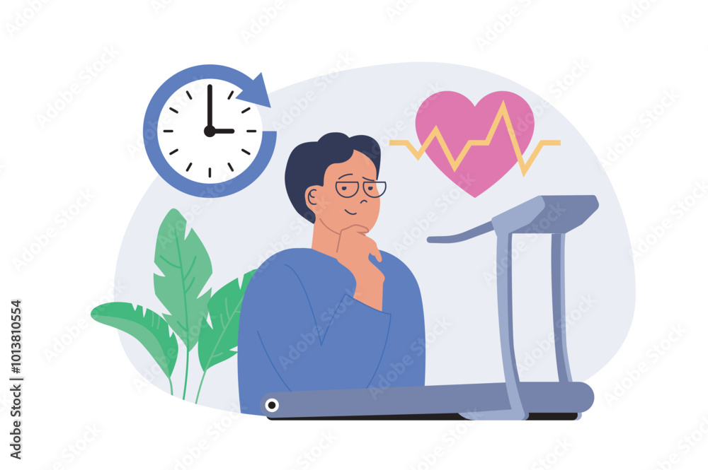Aufkleber education concept in modern flat design for web. man exercising at treadmill in gym, training heart 