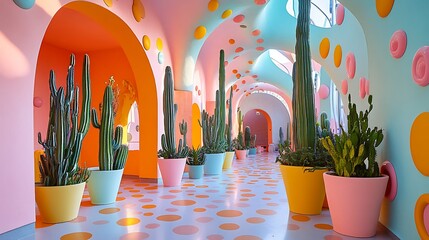 Obraz premium Vibrant Memphis Postmodern Interior Featuring Numerous Cactus Plants in a Colorful Room