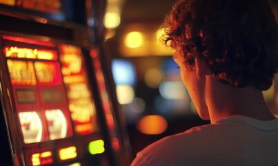 Naklejka premium Person playing a slot machine in casino.