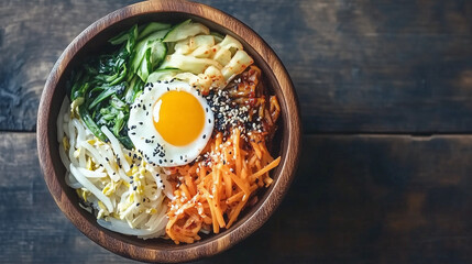 Korean bibimbap in a wooden bowl, Korean cuisine, neat and beautiful plating, vegan, vegetarian food