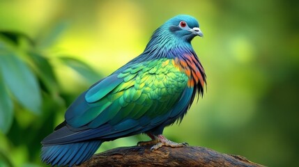 Fototapeta premium A vibrant green, blue, and red Nicobar Pigeon perched on a branch with a blurred green background.