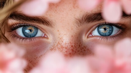 The photograph features bright blue eyes peeking through a cluster of soft pink petals, set against a freckled complexion, evoking a sense of playfulness and allure.