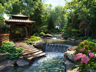 A meditation garden designed with flowing water, peaceful plantings, and calm, open spaces for spiritual practice