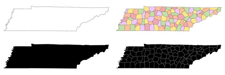 Tennessee administrative map, Tennessee outline and counties state map set - illustration version