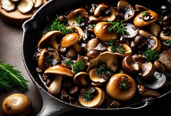 Fototapeta premium close mushrooms showcasing rich colors textures vibrant pan setting, panel, food, vegetable, cooking, ingredient, gourmet, chef, meal, dish, presentation