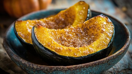 Halved acorn squash roasted with brown sugar and butter, served with a sprinkle of cinnamon.
