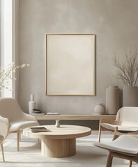 This serene image showcases a minimalist room in earthy tones, with abstract art and a wooden coffee table, illuminated by soft light.