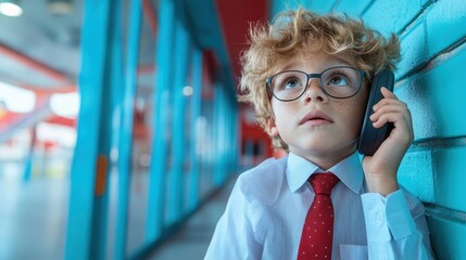 Young boy wearing glasses and a red tie holds a phone to his ear, standing by a blue wall with a pensive expression, signifying youthful curiosity and learning.