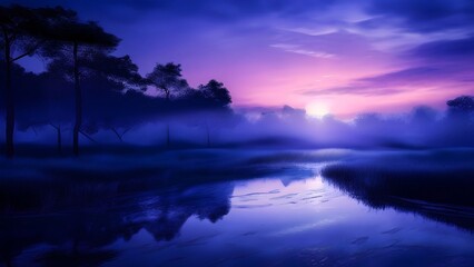 Cool colors with subtle gleams and highlights, capturing the tranquil mood of early evening with a soft, fading light