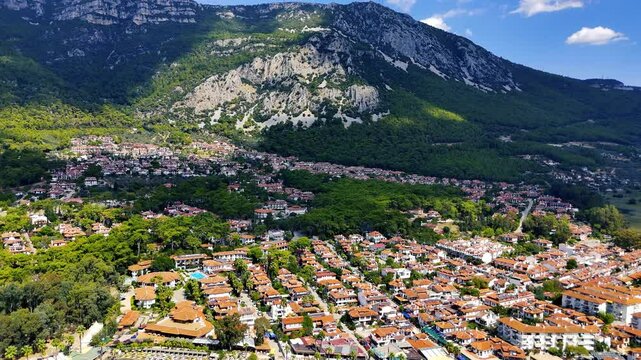 Akyaka District in Ula, Mugla, Turkey. Aerial view of Akyaka. Akyaka is situated at the Gulf of Gokova. Beautiful Beach and Coast View.