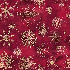gold snowflakes and swirling heart shapes , seamless pattern on red, perfect for elegant Christmas or Valentine's Day decorations.