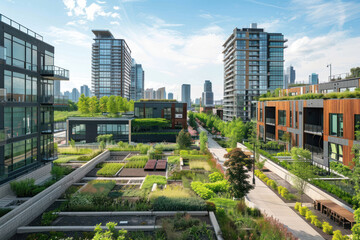 Fototapeta premium A mixed-use landscape in a growing urban area, providing recreational spaces, green roofs, and eco-friendly solutions