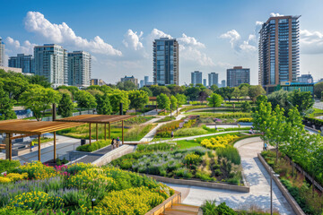 Fototapeta premium A mixed-use landscape in a growing urban area, providing recreational spaces, green roofs, and eco-friendly solutions