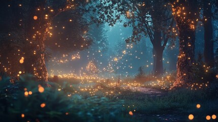 Enchanting midsummer night's dream scene with a mystical forest and fireflies, providing a magical setting for a summer sales advertisement.