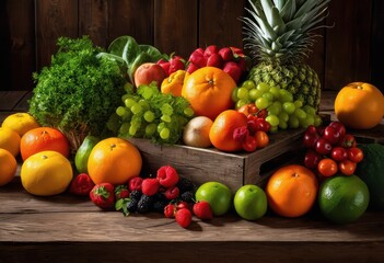 colorful fresh arrangement various fruits vegetables displayed rustic wooden table surface, organic, greens, peppers, tomatoes, carrots, apples, bananas
