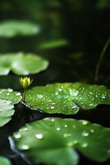 Closeup of a yellow water lily bud on a lily pad with water drops on the leaves