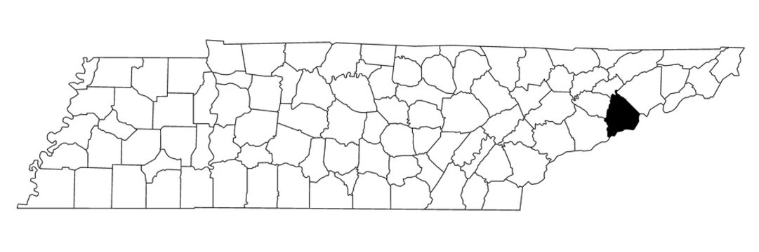 Map of cocke County in Tennessee state on white background. single County map highlighted by black colour on Tennessee map. UNITED STATES, US.