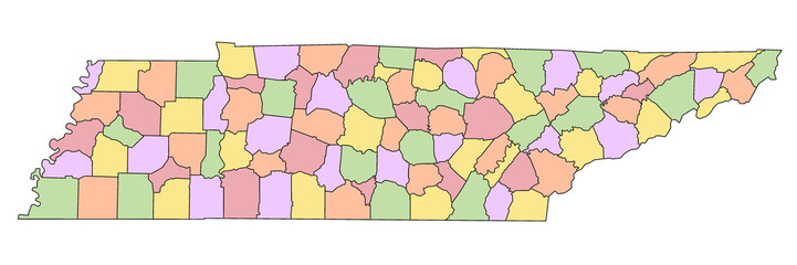 Colorful Tennessee administrative map. counties map, blank Map, empty map of Tennessee