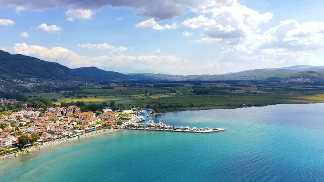 Akyaka District in Ula, Mugla, Turkey. Aerial view of Akyaka. Akyaka is situated at the Gulf of Gokova. Beautiful Beach and Coast View.