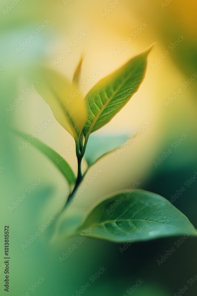 Sticker Abstract Green Leaves in Soft Focus, Nature Photography