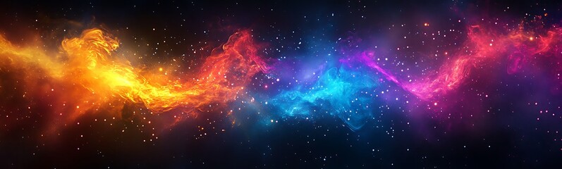 A vibrant cosmic scene featuring swirling colors of orange, pink, blue, and purple against a dark background, reminiscent of a nebula in the universe.