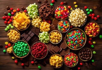 vibrant flat lay featuring array colorful enticing snack varieties pleasing visual experience, appetizing, arrangement, bake, contrast, crunchy, crispy