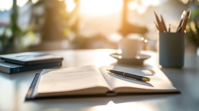 Open Book and a pen on a clean, white table, with soft natural light illuminating the page