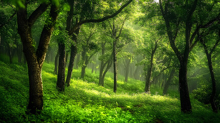 Obraz premium Lush green forest with numerous trees 