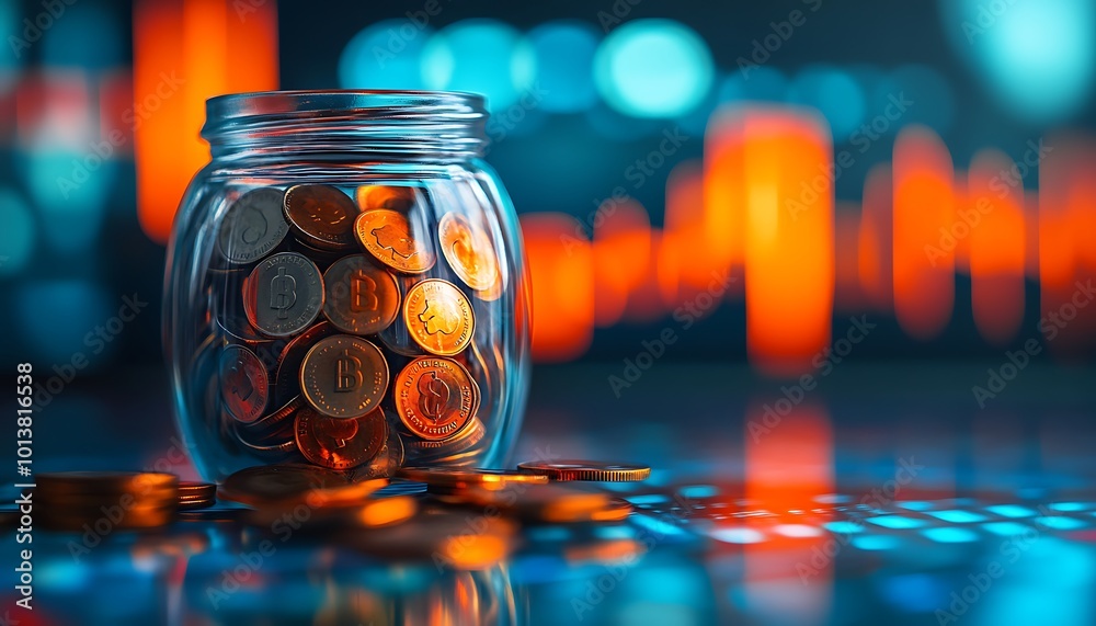 Aufkleber A close-up of a transparent jar filled with coins, sitting on a reflective surface, with a colorful background of blue and orange light patterns.