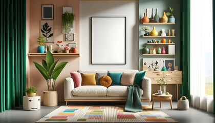 A vibrant and contemporary living room featuring a stylish boucle sofa, framed artwork, floating shelves, lush greenery, decorative accents, and personal touches. 