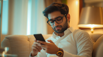 Young man in casual attire relaxed on a couch while using a smartphone in a cozy indoor setting during the evening