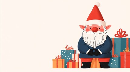 A cheerful Santa Claus sits beside colorful presents, bringing festive spirit to holiday celebrations with joy and warmth.