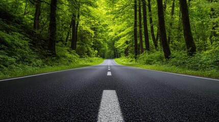 Fototapeta premium Front view of a road cutting through a green forest, promoting sustainable travel and forest conservation, with vibrant natural greenery.