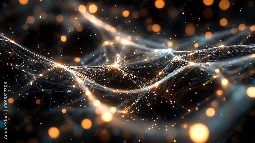 Poster A stunning abstract image showcasing shimmering waves of light and particles, creating a mesmerizing, ethereal atmosphere.