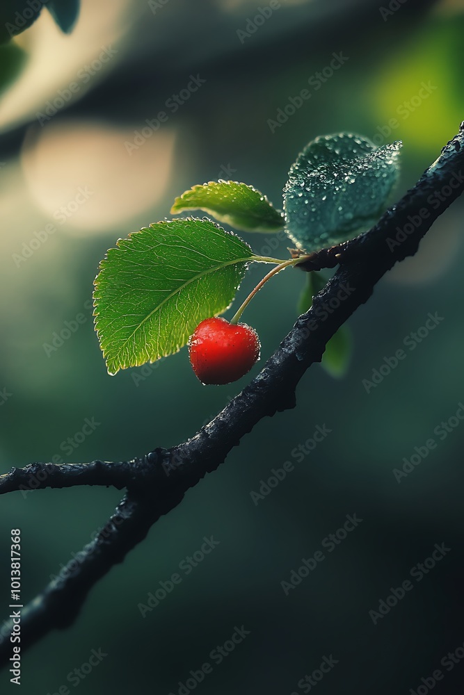 Wall mural Single red berry on a branch with green leaves and water droplets. Nature, beauty, freshness, spring, growth