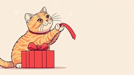 A playful orange cat excitedly unwrapping a gift, capturing the joy and charm of festive moments and curiosity.