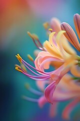 Fototapeta premium Close up of a pink and yellow flower with a blurry rainbow background