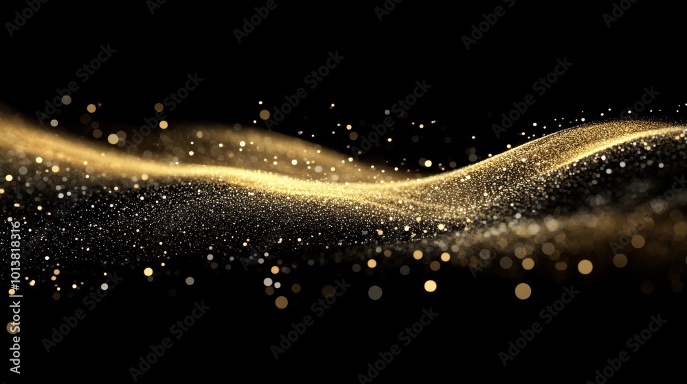 Wall mural glittering gold particles form a wave on a deep black background, creating a luxurious and dynamic v